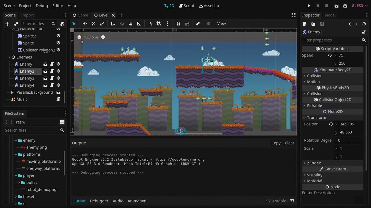 The Godot game engine editor showing a 3D scene, node hierarchy and inspector panels
