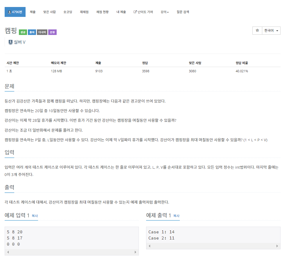 [JAVA | 백준 4796] 캠핑